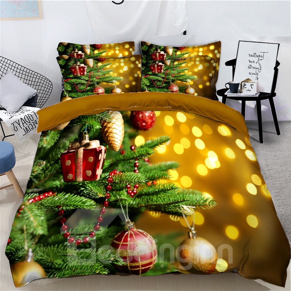 4-teiliges 3D-Bettwäsche-Set mit Weihnachtsbaum-Motiv, Kugeln und Licht, bedruckt, Bettbezüge, farbecht, verschleißfest, langlebig, hautfreundlich, ganzjährig, ultraweiche Mikrofaser, lichtecht