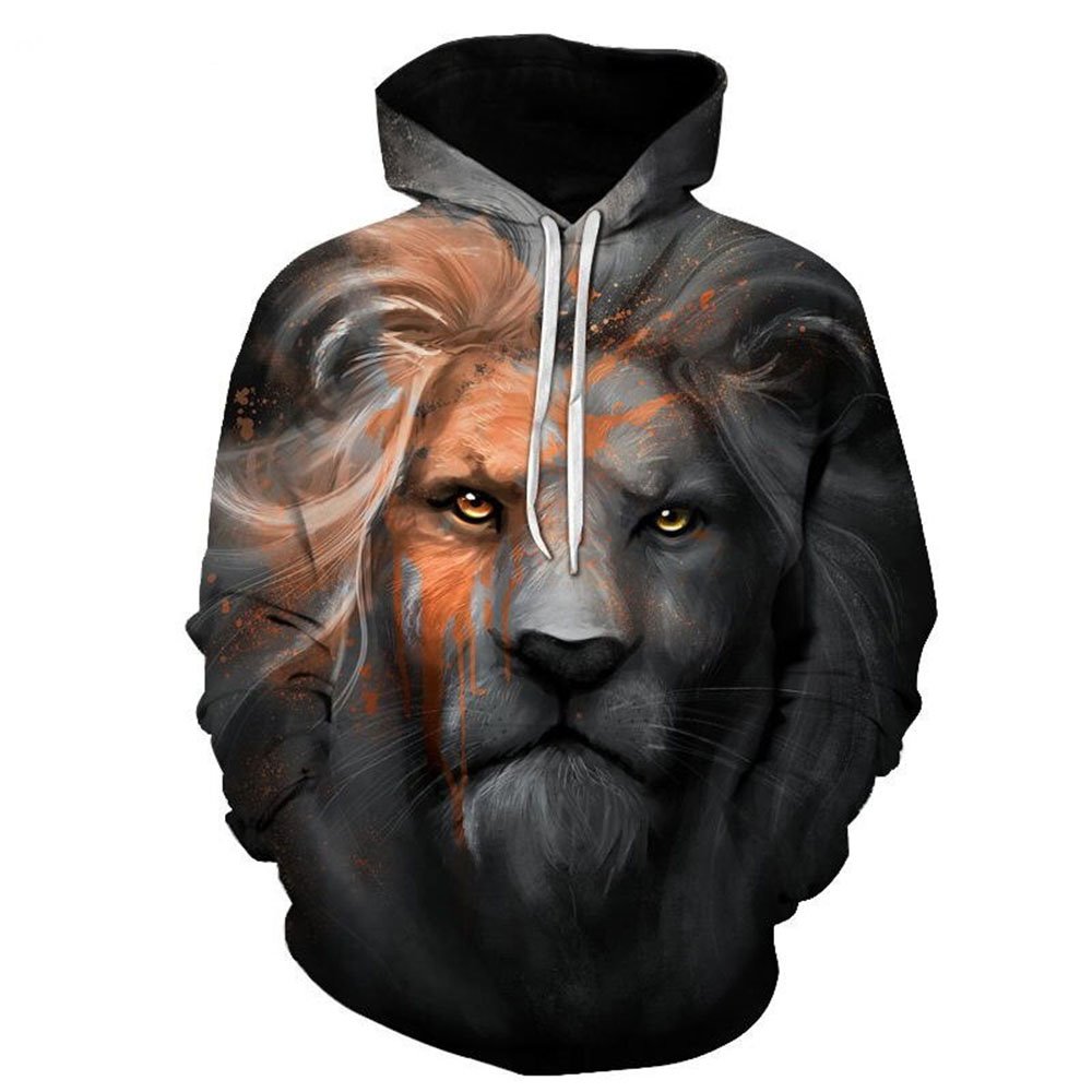 3D Vivid Lion Painted Loose Soft Long Sleeve Breathable and Durable Men's Pullover Sweatshirt Hoodies