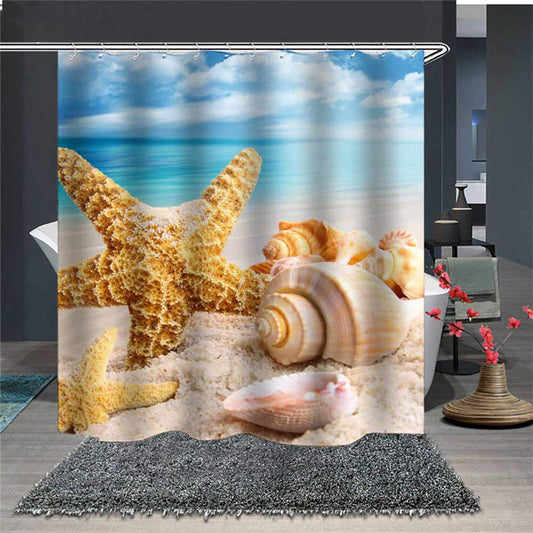 Waterproof and Mildewproof 3D Starfish and Seashells Polyester Shower Curtains