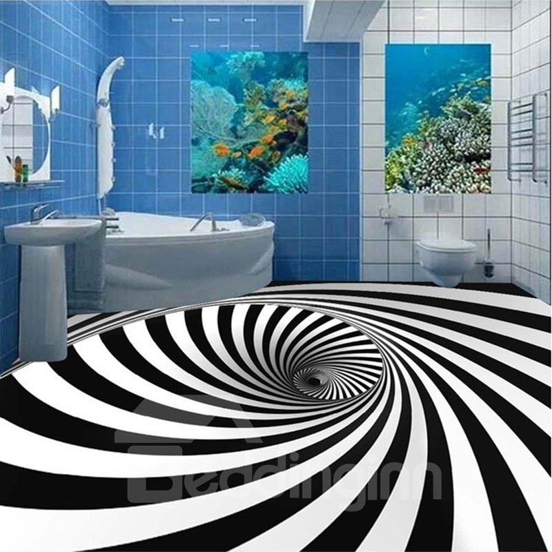 Wasserdichte 3D-Bodenwandbilder mit weißen und schwarzen Streifen im Vortex-Design