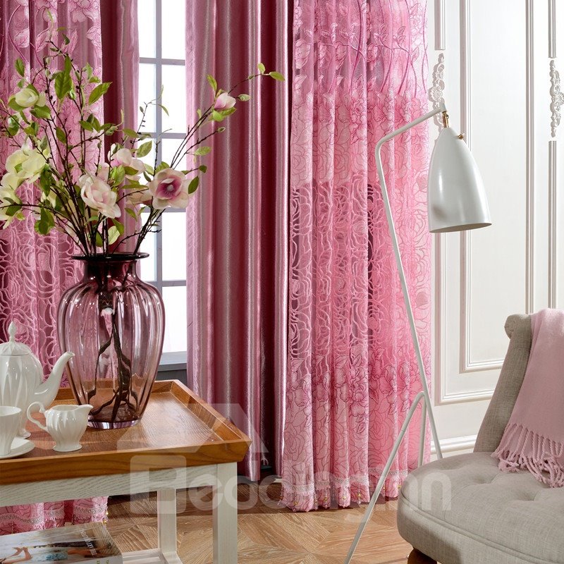 Pink Rose Floral Pattern Room Hand-made Polyester Curtain
