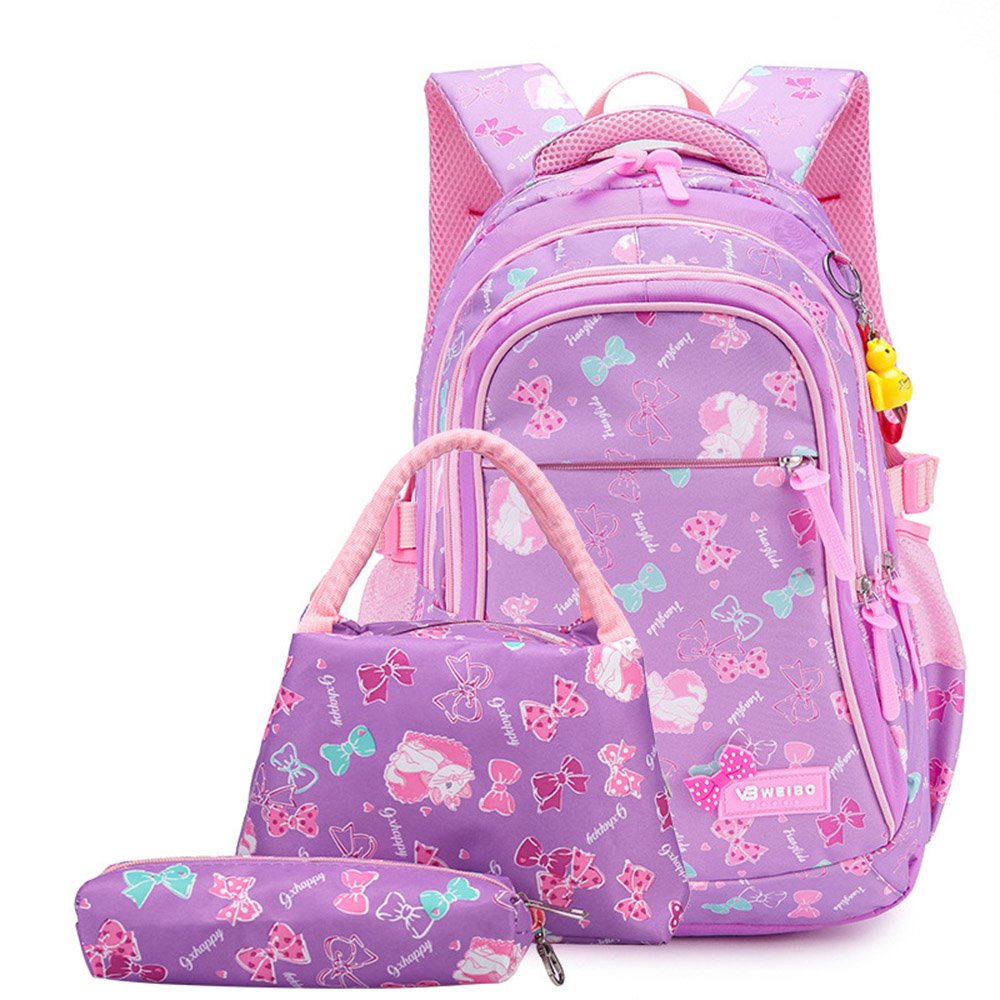 3pcs Purple Kitty Backpack School Bag Set Waterproof Satchel Lunch Bag Pencil Pen Bag Set For Girls Teens