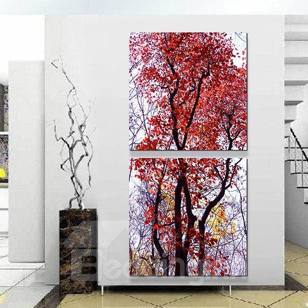 Fantástico y moderno árbol de hojas rojas, lienzo de 2 paneles, impresiones artísticas para pared