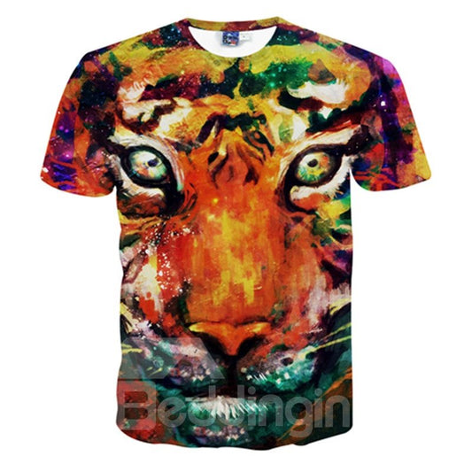 Increíble camiseta pintada en 3D con estampado de cara de tigre y cuello redondo
