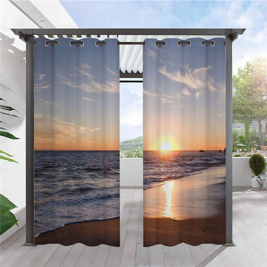 Cortinas modernas con estampado 3D para exteriores, cortina de cabaña con ojales en la parte superior del mar y la puesta del sol, poliéster aislante térmico impermeable a prueba de sol, 2 paneles 