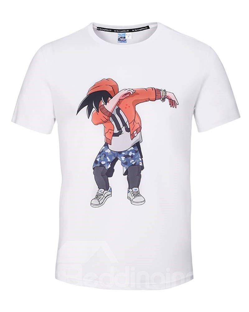 Rundhals-T-Shirt mit Anime-Mann-Tanzmuster, weiß, 3D-bemalt