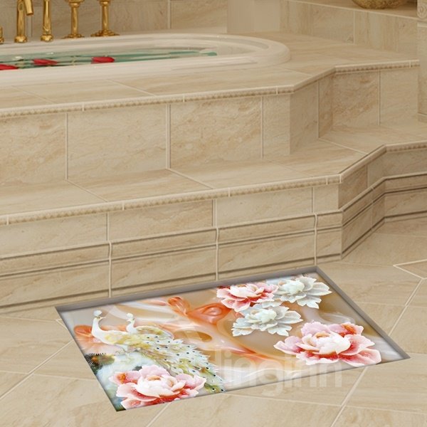 Etiqueta engomada del piso 3D del baño a prueba de agua que previene resbalones de flores blancas y rosas maravillosas