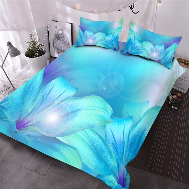 3D Turquoise Greenish Lily 3 PCS Comforter Set Bright Flower Printed Bedding Lightweight Breeze Down Comforter Insert with 2 Pillowsases