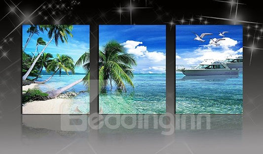 Elegante 3-teilige Leinwand-Kunstdrucke mit blauem Meer und Palmen