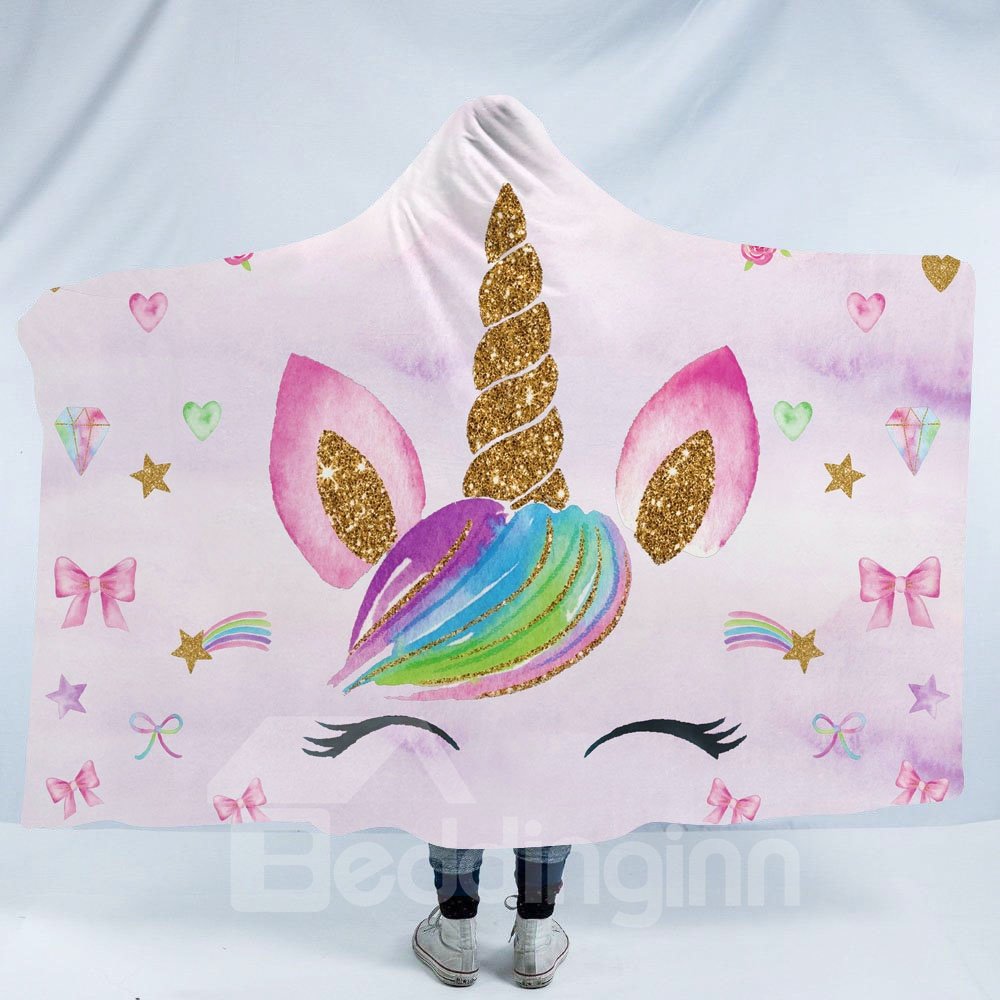 Manta con capucha de poliéster con estampado de flores y unicornios multicolores 