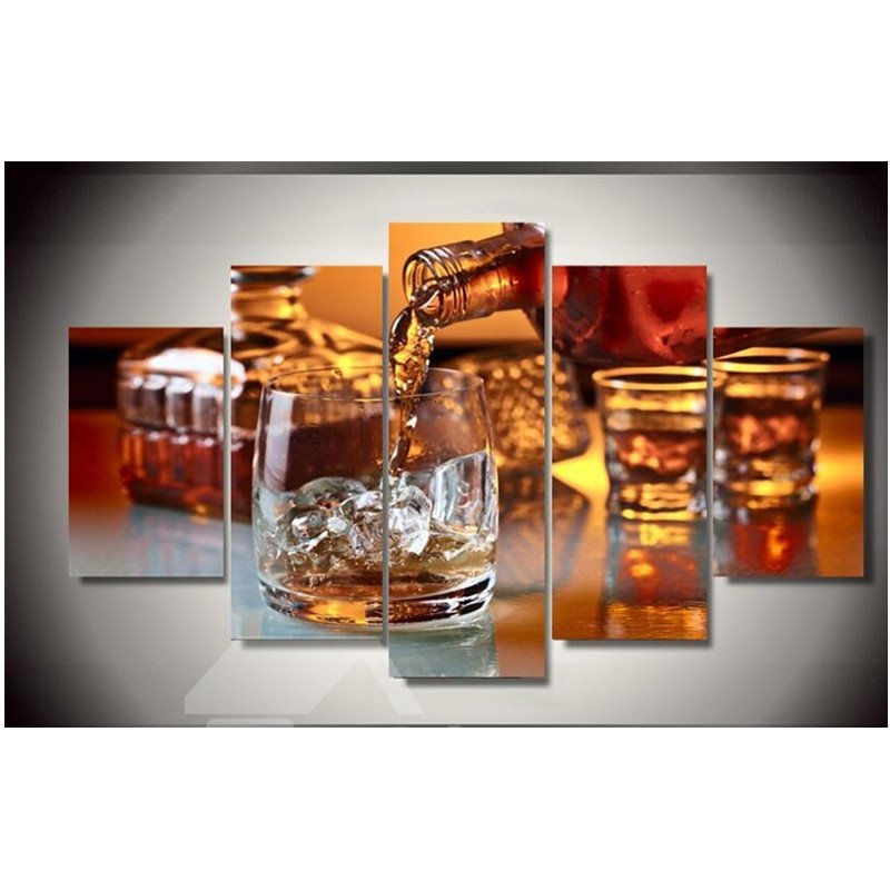 Wine and Cups Hanging 5-Piece Canvas Eco-friendly and Waterproof Non-framed Prints