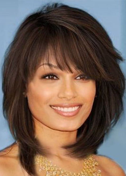 Medium Hairstyle Women's Layered Wavy Synthetic Hair Wigs With Bangs Capless Wigs 16Inch