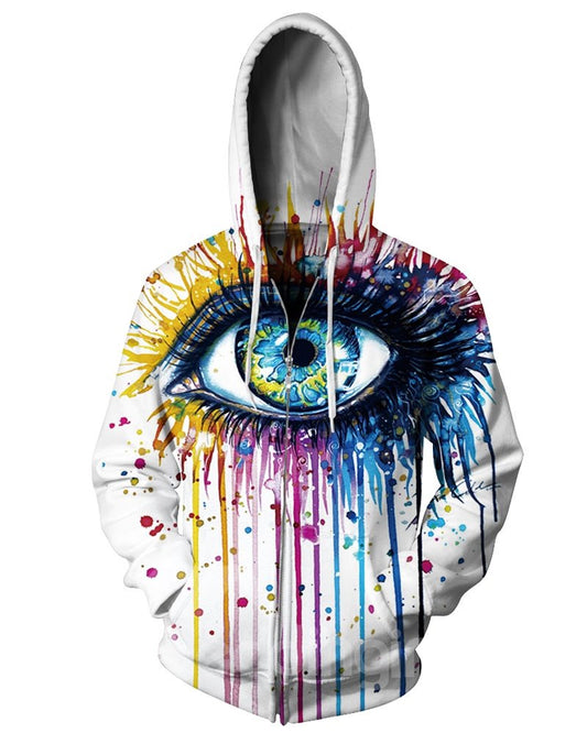 Sudadera con capucha pintada en 3D con patrón de ojos grandes coloridos de manga larga