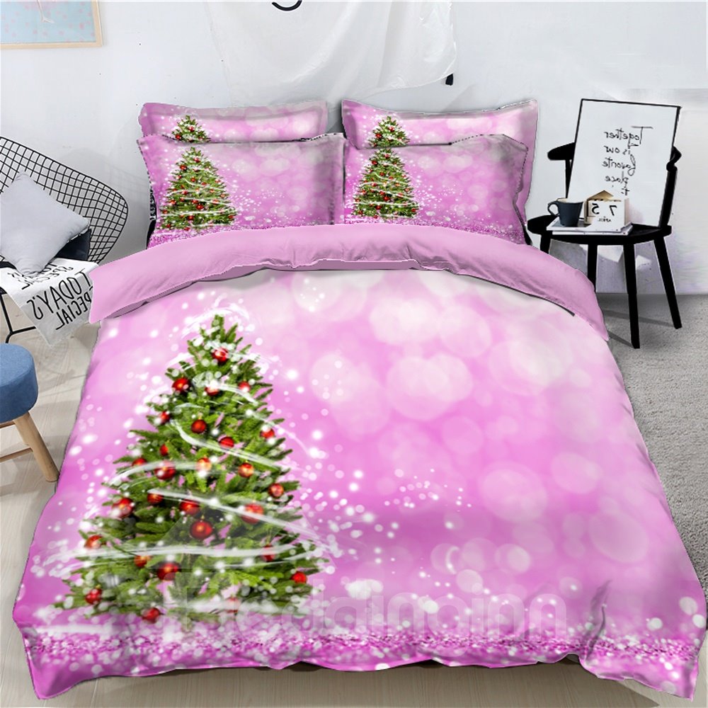 Árbol de Navidad Sweet Pink 3D Juegos de cama / fundas nórdicas de 4 piezas