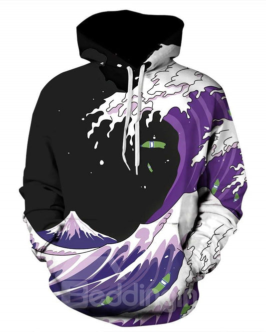 Long Sleeve Sea Wave Pattern Balck Background 3D Painted Hoodie