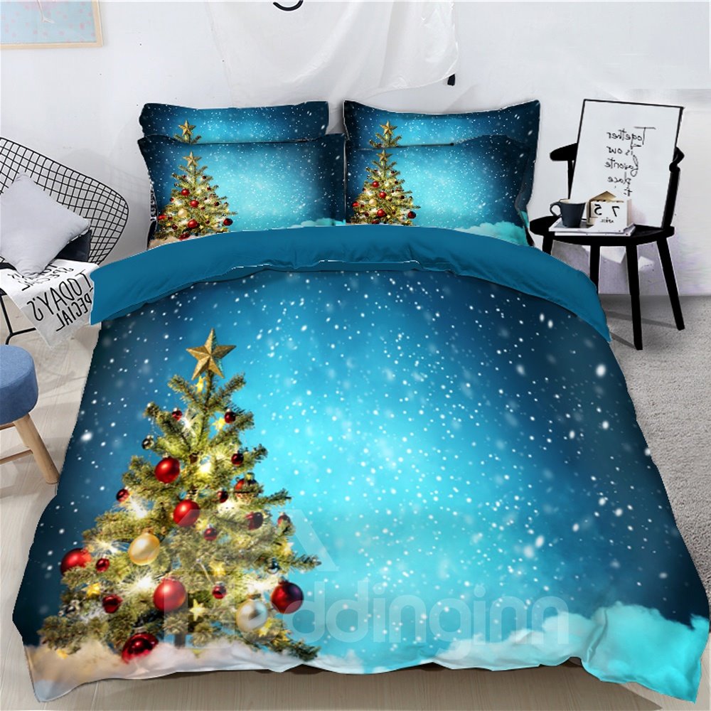 Christmas Tree and Gifts Light Blue 3D 4-Piece Bedding Sets/Duvet Covers
