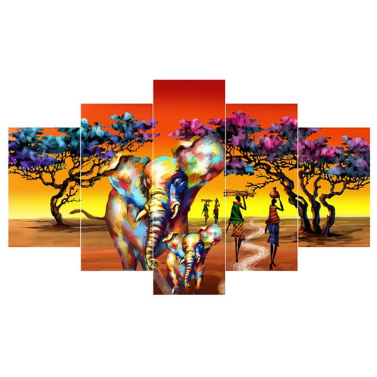 Elefanten-Mädchen- und Baum-Muster zum Aufhängen, 5-teilige Leinwand, umweltfreundliche und wasserfeste, nicht gerahmte Drucke