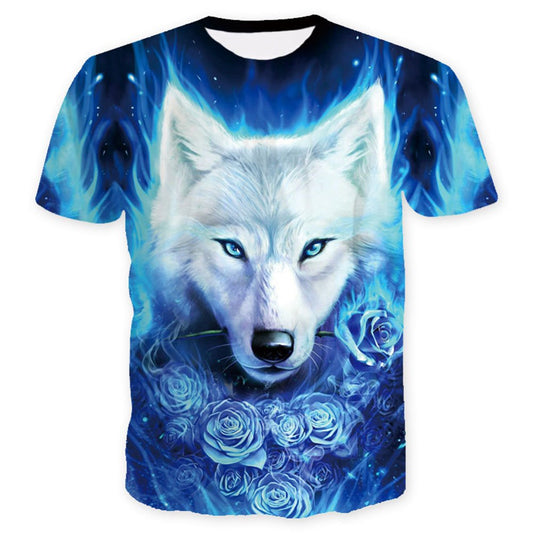 Lässiges Herren-T-Shirt mit 3D-Wolf- und Rosen-Print, Rundhalsausschnitt, kurzen Ärmeln und bequemem, atmungsaktivem Stoff 