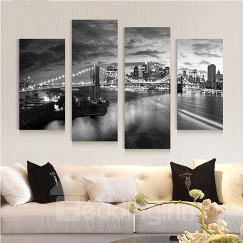 White and Black City Night Hanging 4-Piece Canvas Waterproof and Eco-friendly Non-framed Prints