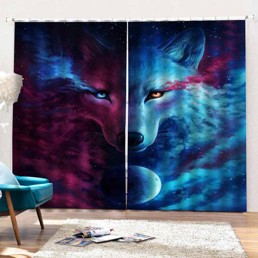 Cortinas opacas y decorativas 3D para ventana con cara de lobo azul y rojo, 2 paneles personalizados, sin pelusas, sin decoloración, sin forro 