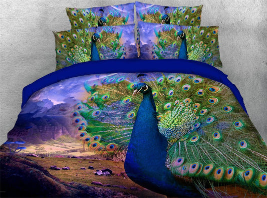 4-teiliges Bettbezug-Set/Bettwäsche-Set mit 3D-Pfauenmuster, ultraweicher Bettbezug mit Reißverschluss und Eckbändern, 2 Kissenbezüge, 1 Bettlaken, 1 Bettbezug, hochwertige Mikrofaser 