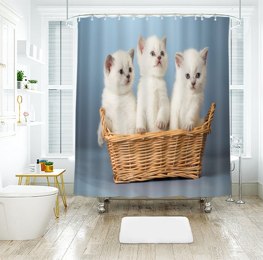 Cute Kittens in Basket Printed Shower Curtain, Polyester Cat Theme Bathroom Curtain with Hooks