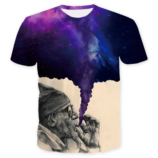 3D Old Man Smoking Print Lässiges Herren-T-Shirt mit Rundhalsausschnitt und kurzen Ärmeln und bequemem, atmungsaktivem Stoff 