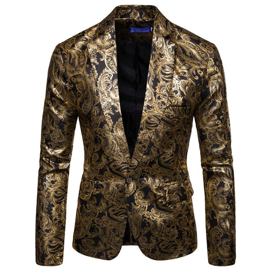Chaquetas de traje con estampado de bronce brillante en 3D para hombre, abrigos de vestir informales con un solo pecho y un botón, chaqueta de ocio ajustada