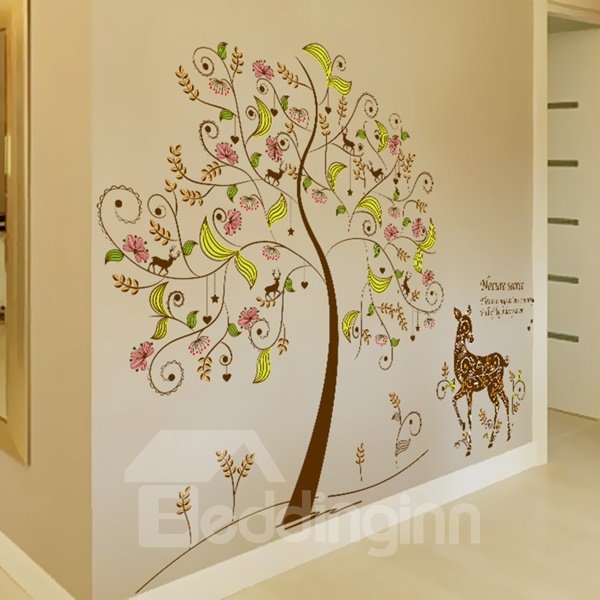 Pegatinas de pared con diseño de ciervo bajo el árbol de flores de estilo europeo