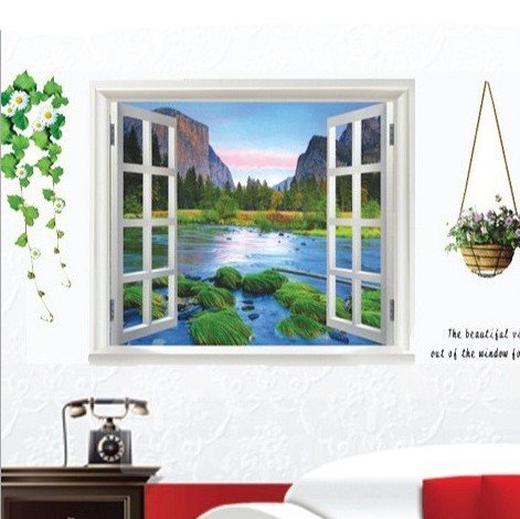 3D Mountains River and Flower Basket Print Wall Sticker Natural Scenery Home Decor