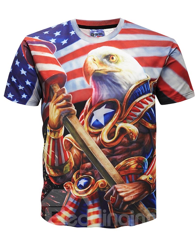 3D American Flag Style Print Round Neck Men Graphic Short Sleeve Tee Tops T-Shirt