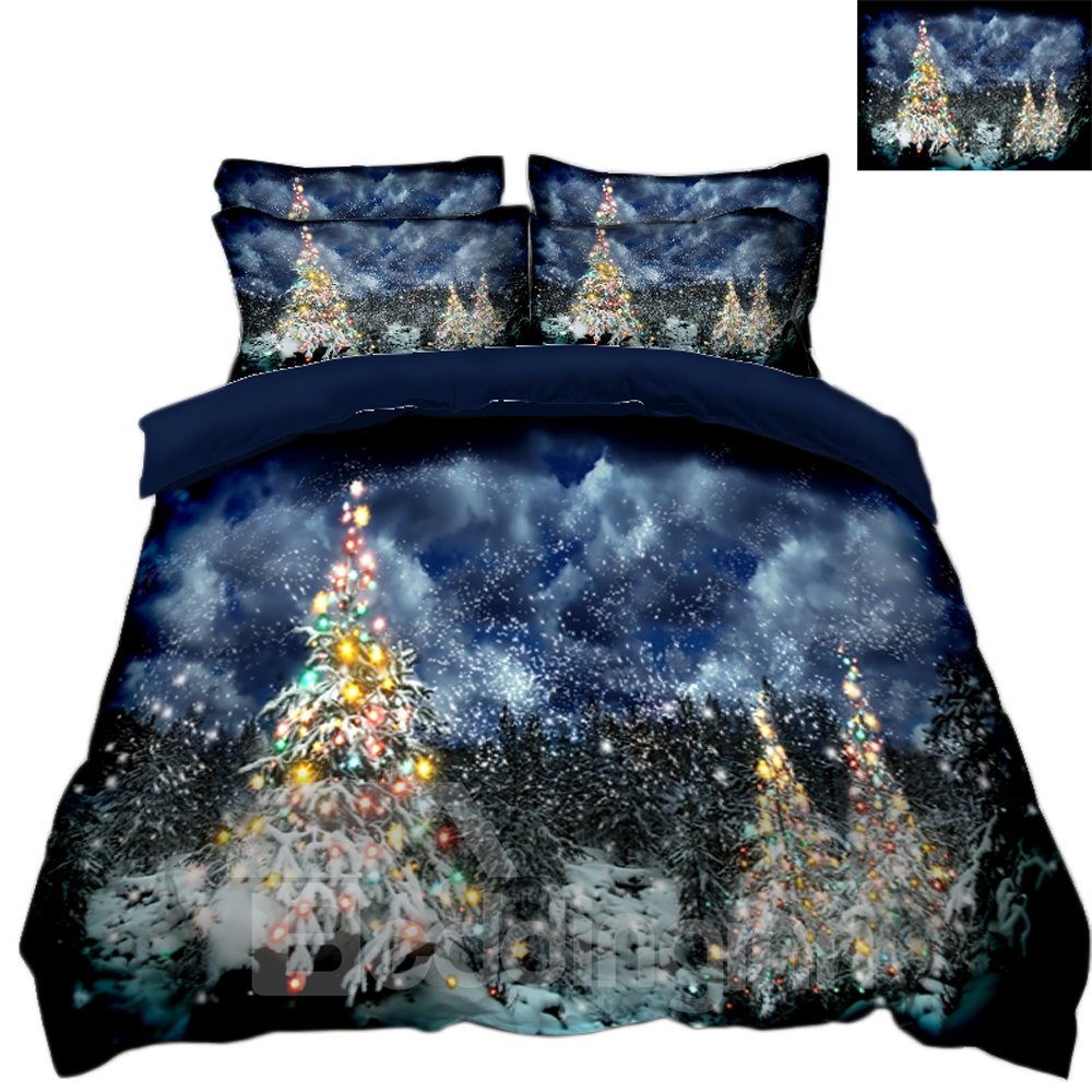 Bling Christmas Tree Quiet Night 3D 4-teiliges Bettwäsche-Set, Bettbezüge, farbecht, verschleißfest, langlebig, hautfreundlich, ganzjährig, ultraweiche Mikrofaser, lichtecht