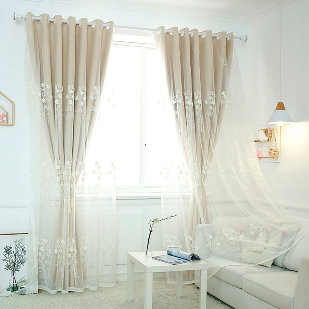 Embroidery Window Curtain Sets Khaki and Gray Sheer and Lining Blackout Curtain for Living Room Bedroom Decoration 2 Panels Drapes