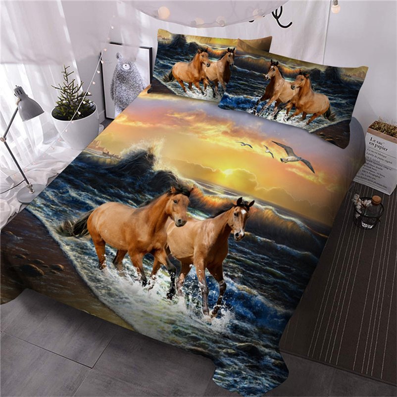 Running Horse 3D Animal Print 3-Piece Comforter Sets with 2 Matching Pillowcases Microfiber Bedding