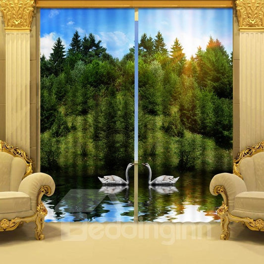 Two Symmetrical White Swans in the River and Thick Forest Decorative 3D Curtains