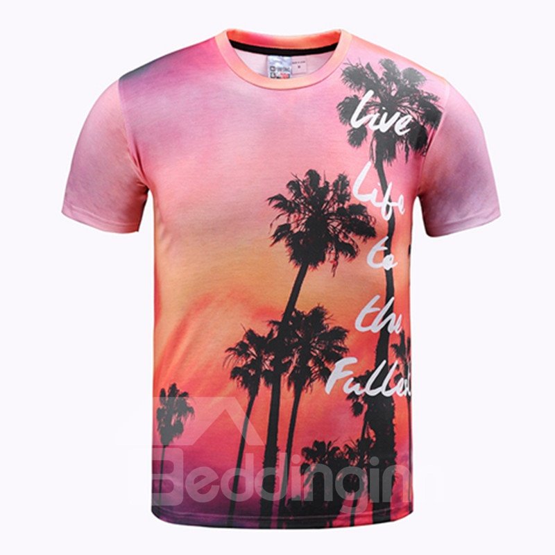 Camiseta elegante con cuello redondo y estampado de palmeras pintada en 3D