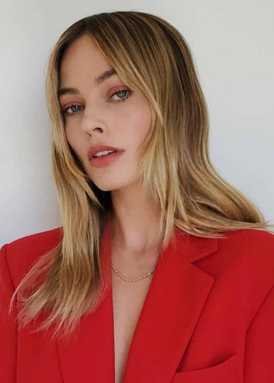 Margot Elise Robbie Style Pelucas de pelo sintético liso y largo de seda para mujer, sin tapa, 20 pulgadas 