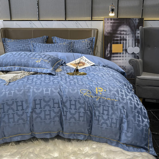 Lujoso juego de cama de 4 piezas con bordado de Jacquard satinado, funda nórdica de algodón sedoso, tamaño Queen completo