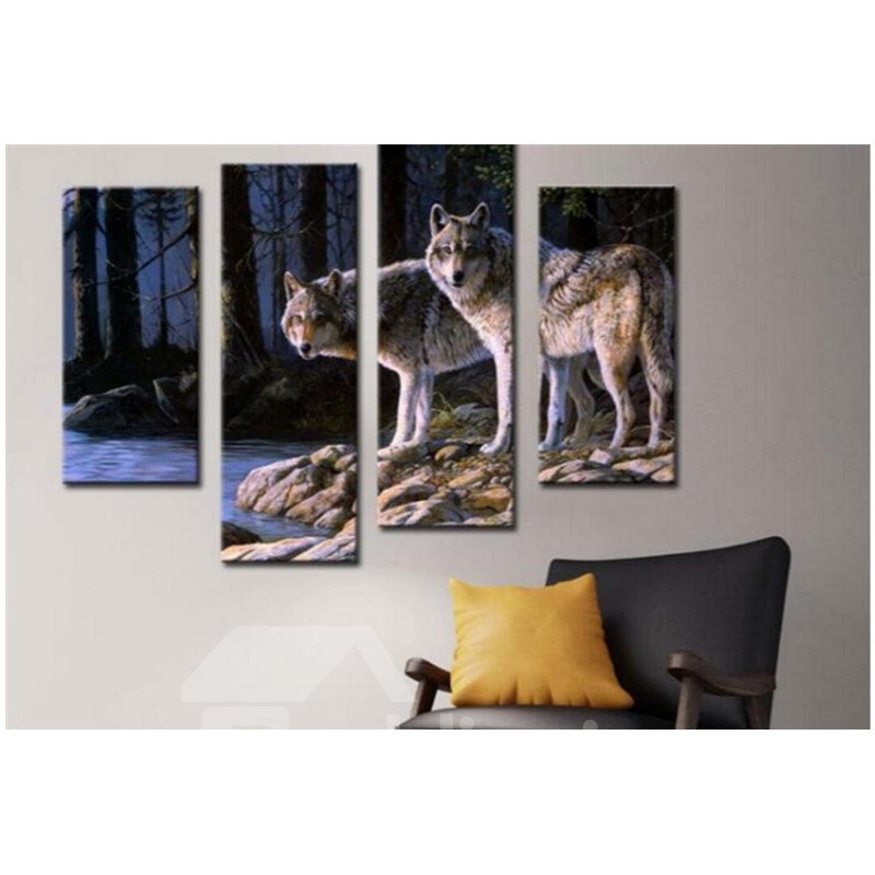 Dos lobos en la orilla del lago, lienzo colgante de 4 piezas, impresiones de pared sin marco