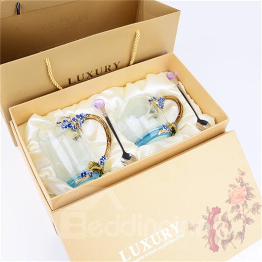 Taza de café moderna y concisa con flores azules esmaltadas de cristal de alta calidad