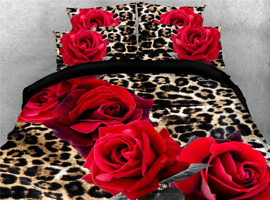 Juego de funda nórdica con estampado de leopardo y rosa roja en 3D, juego de cama de 4 piezas, funda de edredón con cierre de cremallera y lazos en las esquinas, 2 fundas de almohada, 1 sábana encimera, 1 funda nórdica de microfibra de alta calidad 
