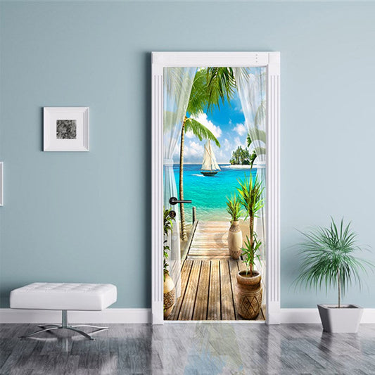 Murales de puerta impermeables autoadhesivos con paisaje costero 3D, pegatinas decorativas extraíbles respetuosas con el medio ambiente