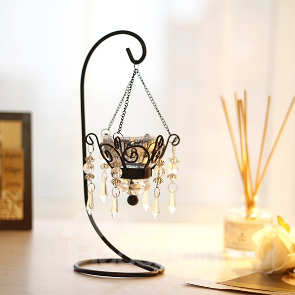 Candelero decorativo romántico de 1 cabeza de hierro con colgante de cristal