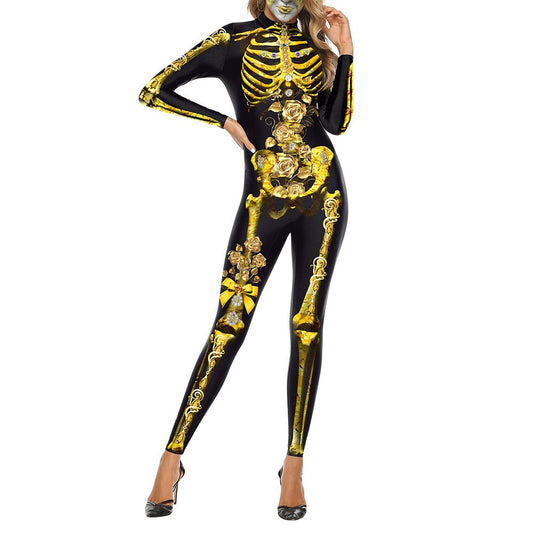 Langärmlige 3D-Halloween-Schädel-bedruckte Cosplay-Themenparty-Overall-Kostüme für Damen 