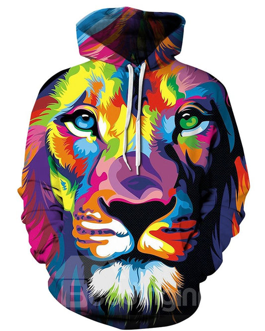 Sudadera con capucha pintada en 3D con estampado de cara de tigre colorido de manga larga