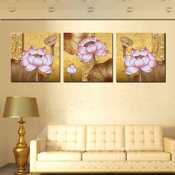 Increíbles impresiones artísticas de pared en lienzo de 3 paneles con loto hermoso