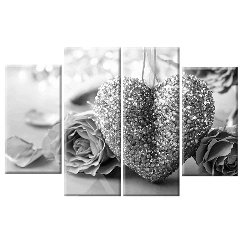 Grey Roses and Heart-shaped Decoration Hanging 4-Piece Canvas Waterproof and Eco-friendly Non-framed Prints