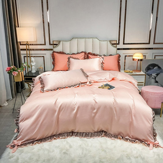 4-Piece Set Pink Soft Silky Bedding Sets  Set 2 Pillowcases 1 Flat Sheet 1 Duvet Cover Twin Full Queen King