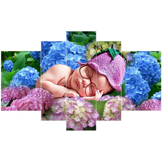 5-teilige Leinwand im natürlichen Stil zum Aufhängen, Motiv „Baby schläft auf Blumen“, umweltfreundlich und wasserfest, nicht gerahmte Drucke