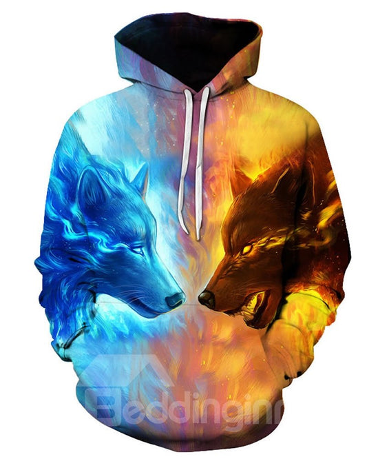 Fire Wolf Fight 3D-Muster Farbblock Langarm Coole Hoodies